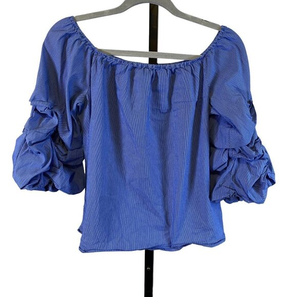 Zara Woman Blue Striped Puff Sleeves Off Shoulder Top - Picture 3 of 8
